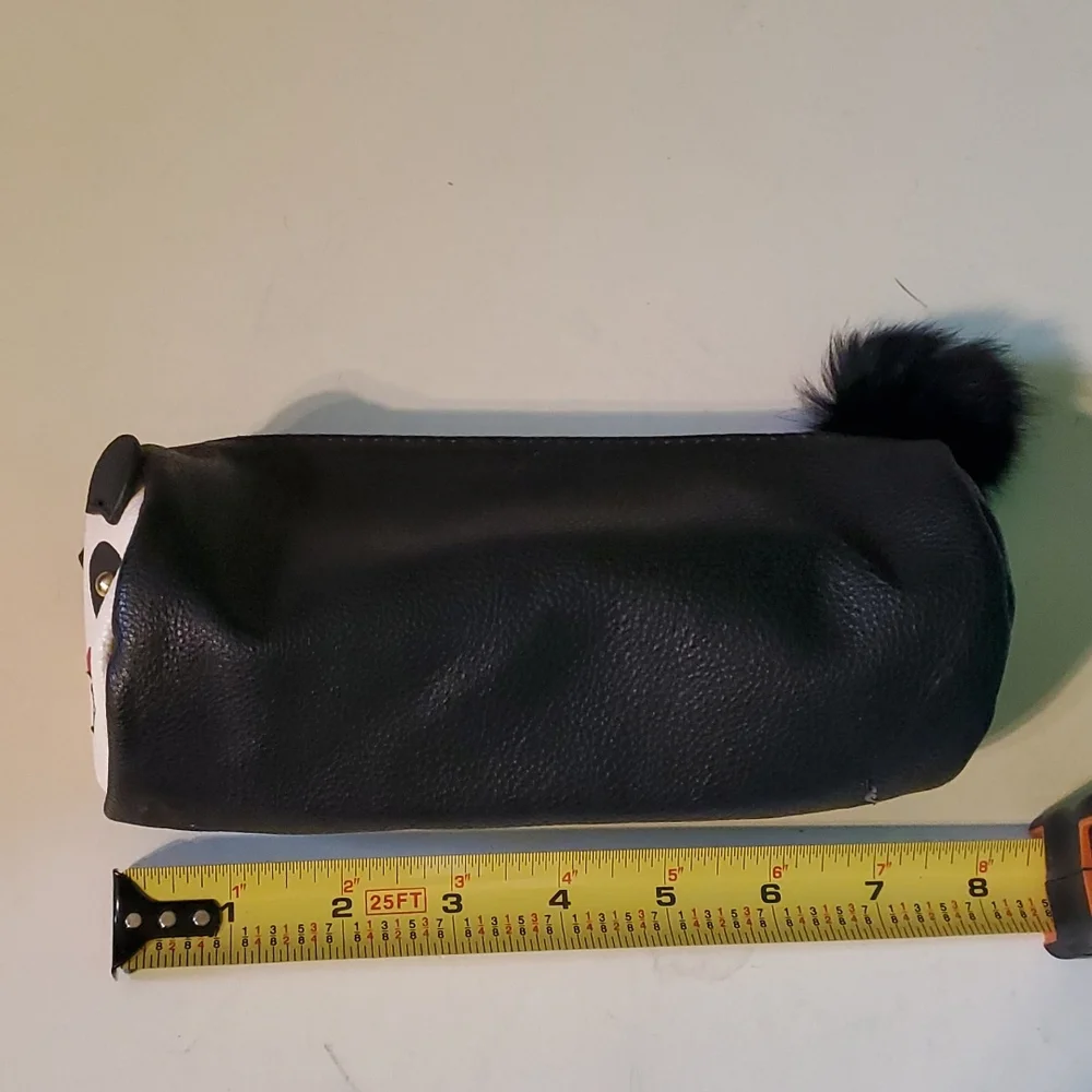 Betsey Johnson fux leatherpanda makeup case with pompom tail zipper